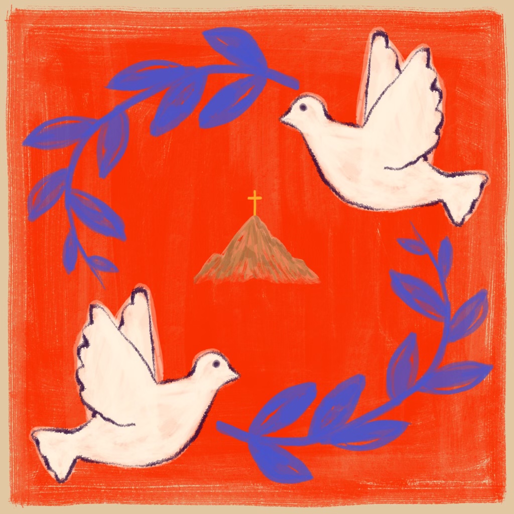 Sermon on the Mount — album cover. Two white doves in flight, blue olive branches, and a mountain with a gold cross on a vermillion background.